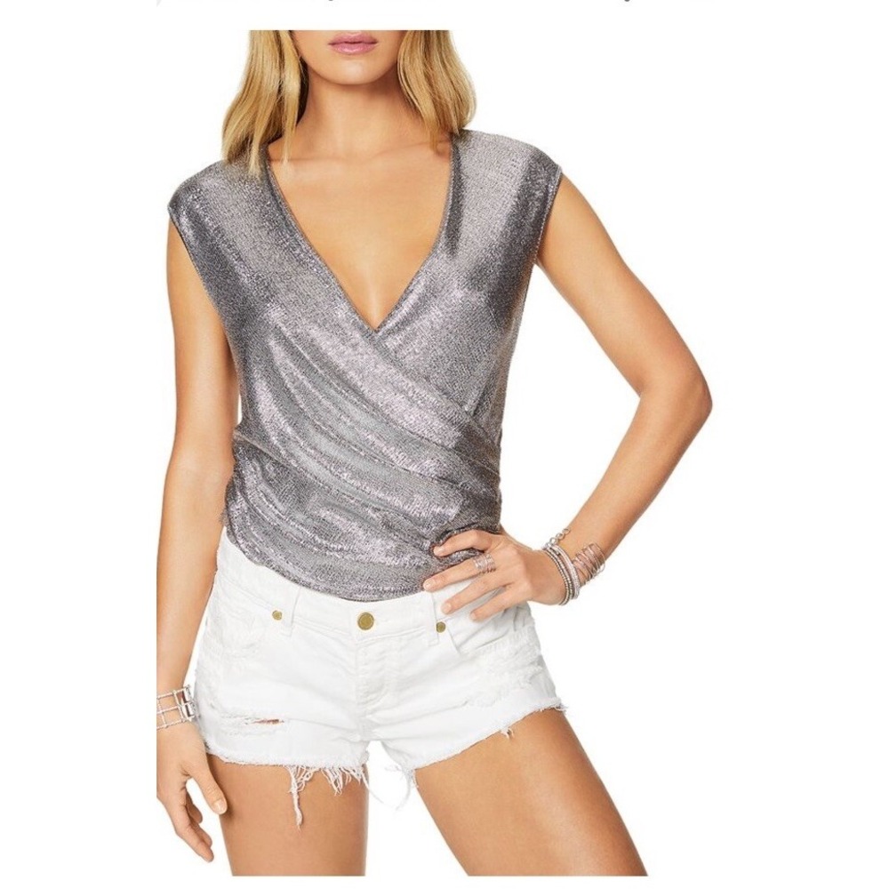 Ramy Brook Metallic Silver Draped Shell Top Mock Wrap Sleeveless V-Neck Large
